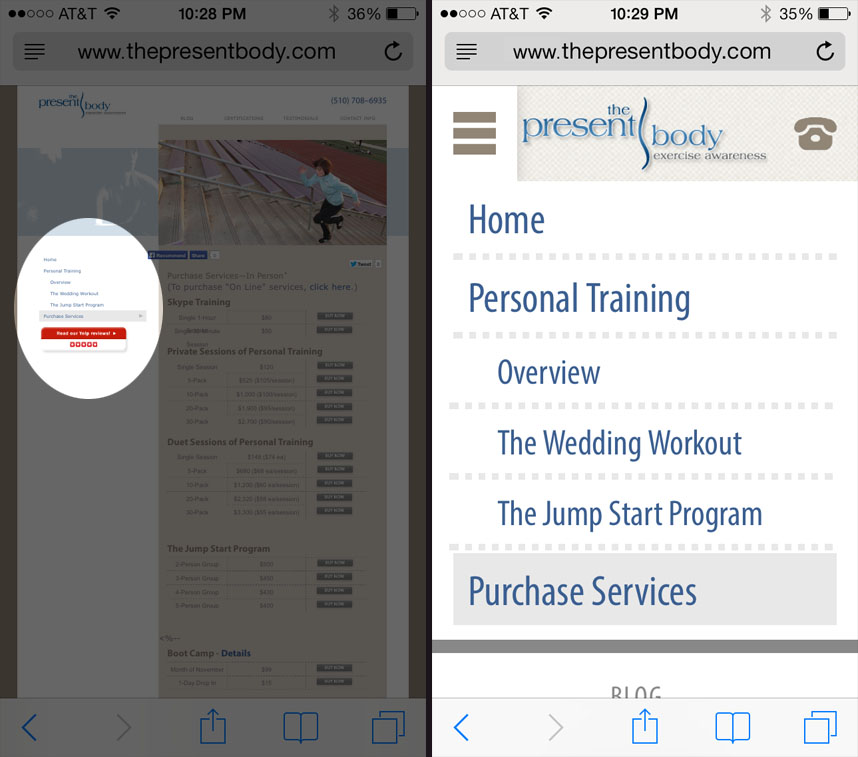 The Present Body's old navigation was not usable on a small device (left); the new one is very simple to use (right).